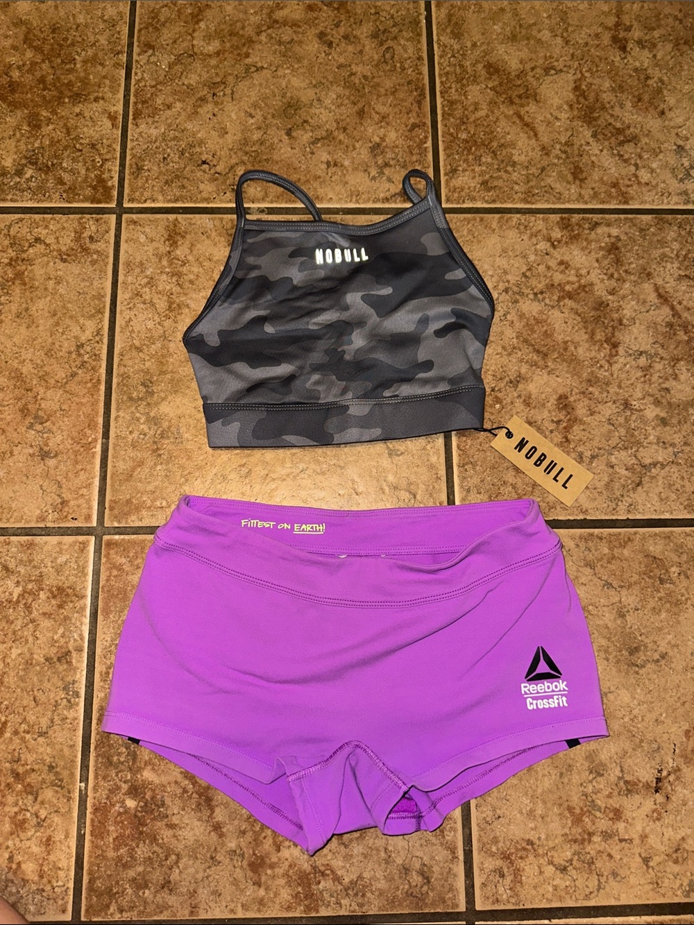 No Bull Camo High-Neck Sports Bra NWT & 2017 Purple CrossFit Games Shortie Short